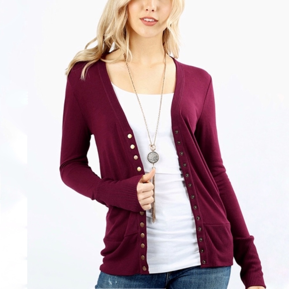 Olive Snap Button Long Sleeve Cardigan - Picture 3 of 8